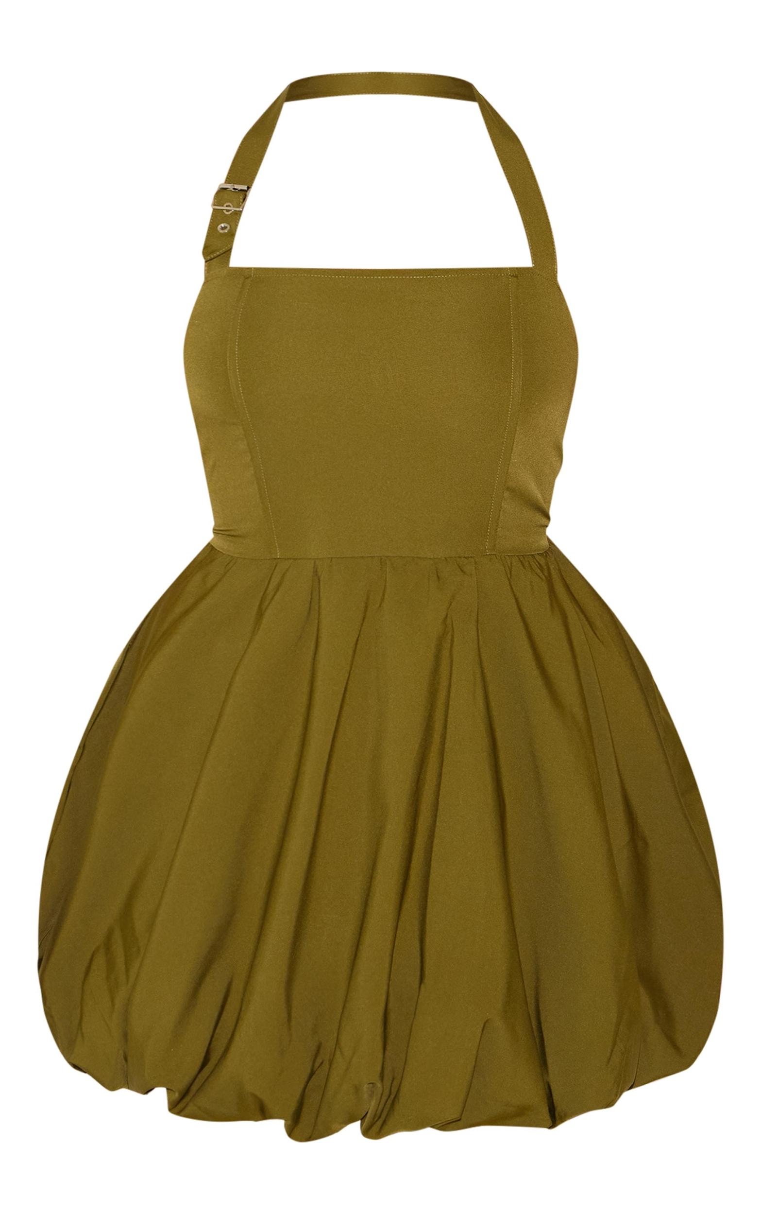 Plus Khaki Buckle Detail Halterneck Puffball Mini Dress Product Image
