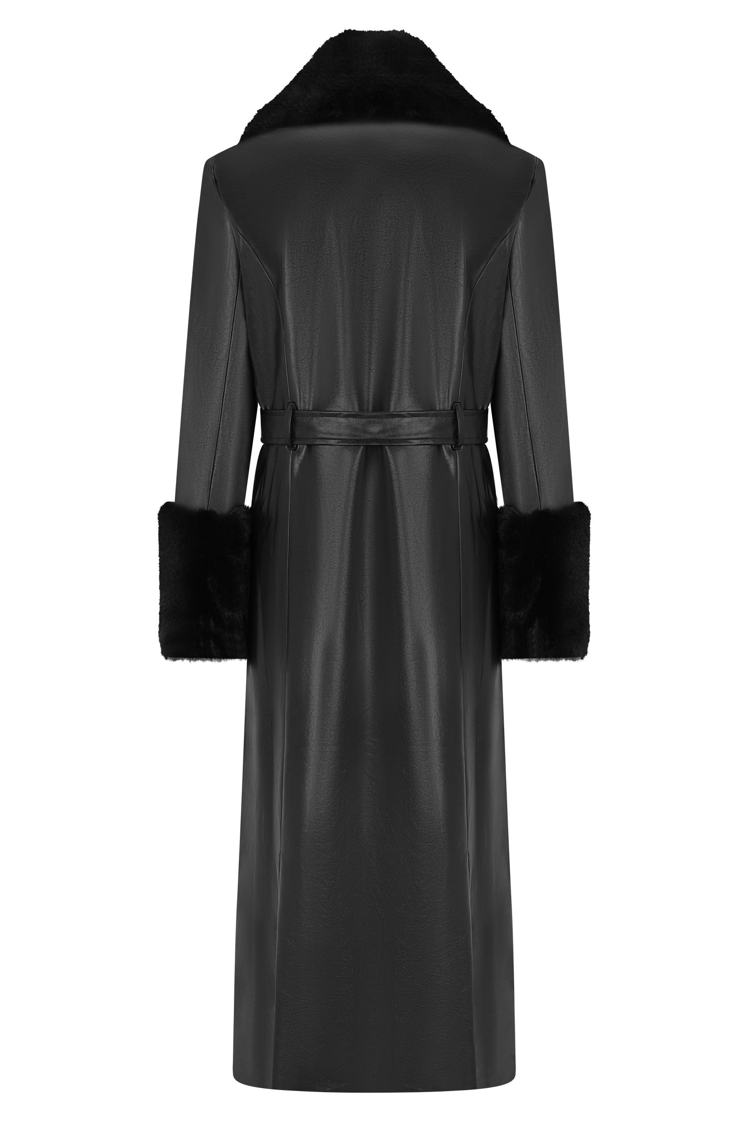 Bec Faux Leather Trench Coat With Faux Fur - Black Product Image
