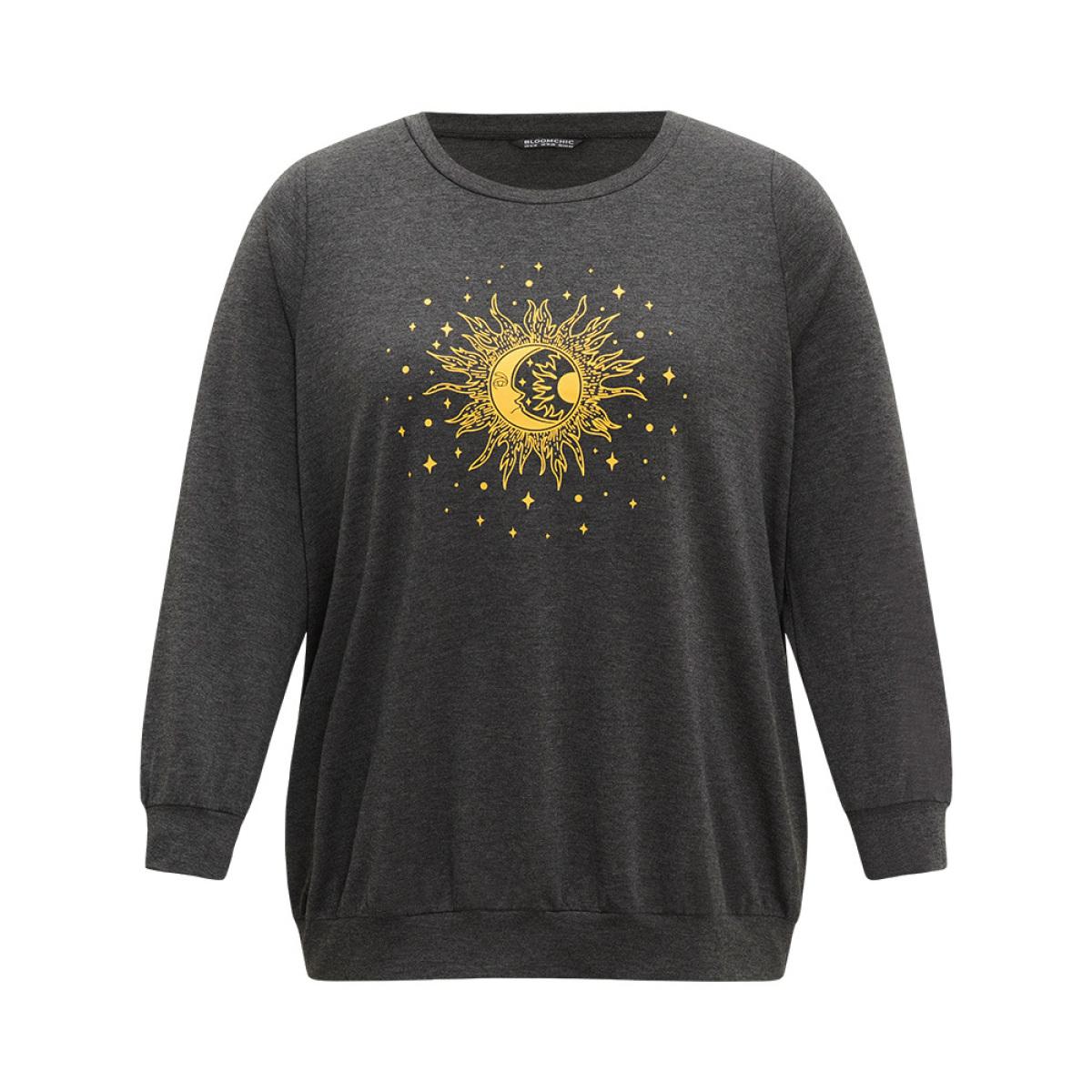 Plus Size Moon and Star Print Crew Neck Elastic Cuffs Sweatshirt Women Gray Casual Elastic cuffs Dailywear Sweatshirts BloomChic 26/4X Product Image