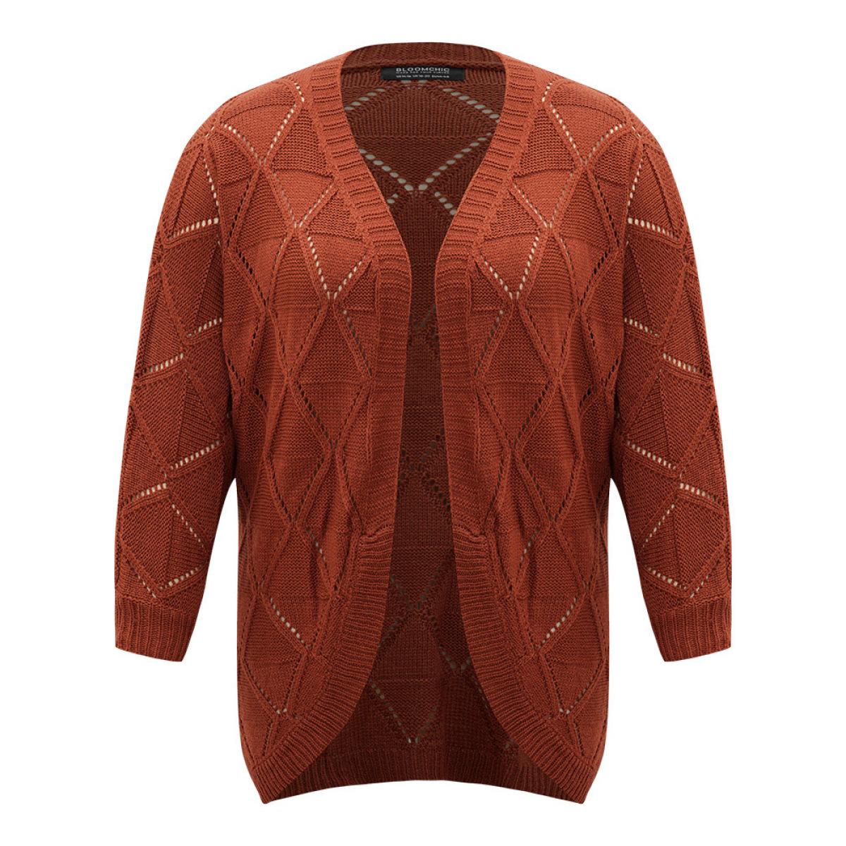 Plus Size Geometric Hollow Out Open Front Cardigan Rust Women Casual Loose Long Sleeve Dailywear Cardigans BloomChic 12/L Product Image
