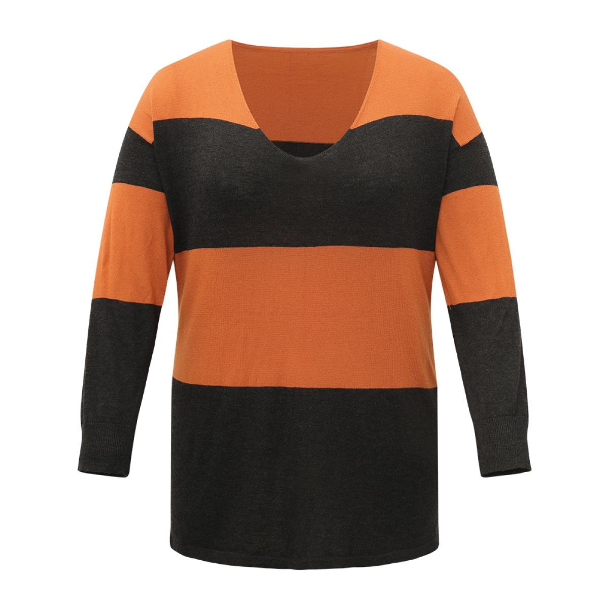 Plus Size Halloween Supersoft Essentials Colorblock Contrast Elastic Cuffs Pullover Orange Women Casual Loose Long Sleeve V-neck Everyday Pullovers BloomChic 12/L Product Image