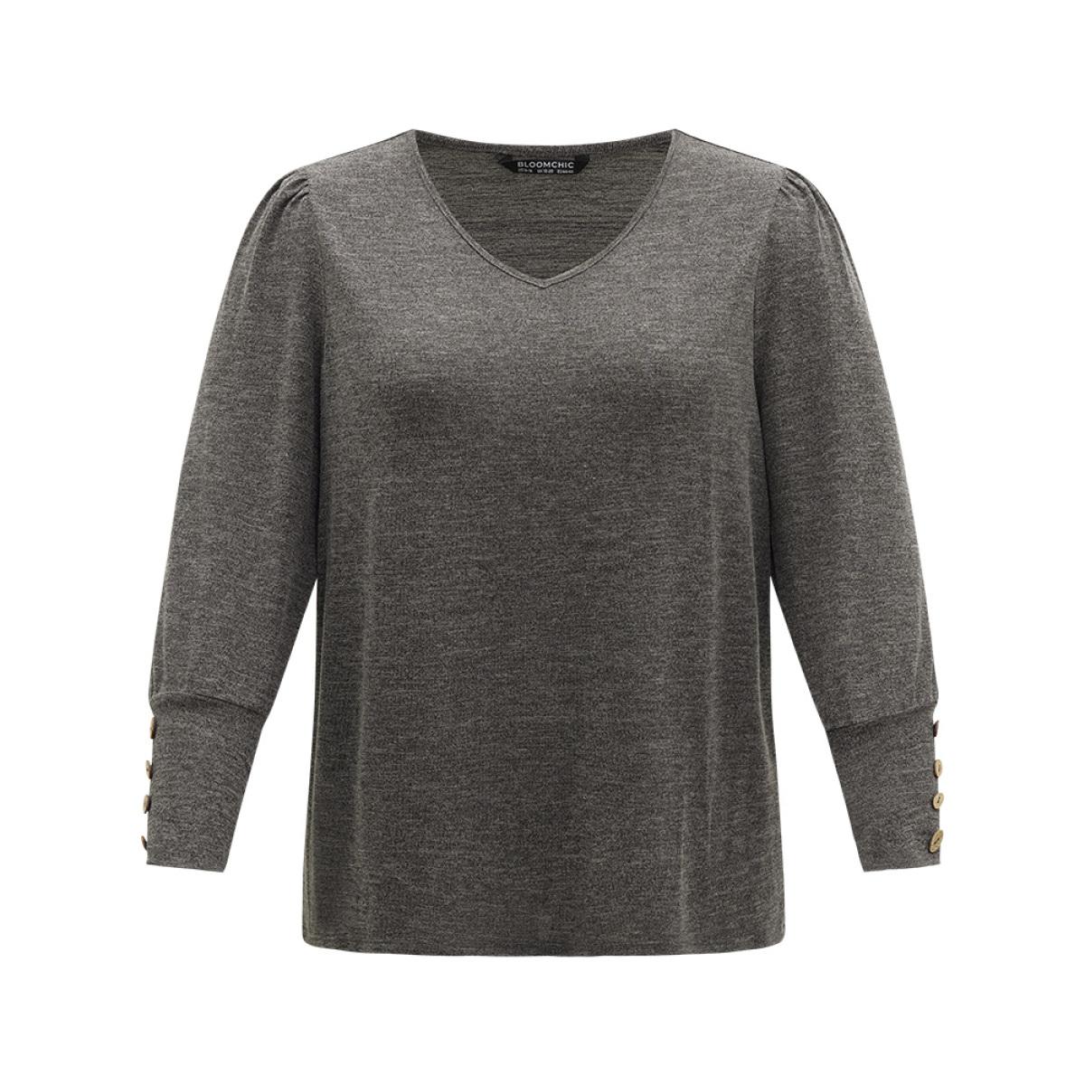 Plus Size Plain Heather Elastic Cuffs Button Detail T-shirt Gray Women Casual Elastic cuffs Plain V-neck Dailywear T-shirts BloomChic 12/L Product Image
