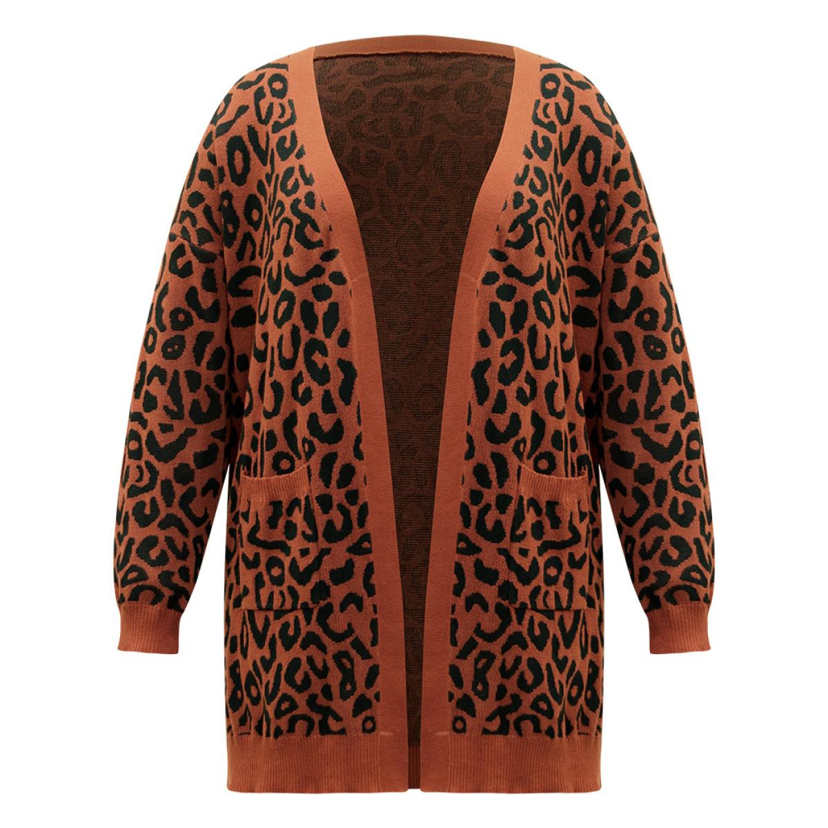 Plus Size Halloween Leopard Print Patched Pocket Split Side Cardigan Leopard Women Casual Loose Long Sleeve Festival-Halloween Cardigans BloomChic 10/M Product Image
