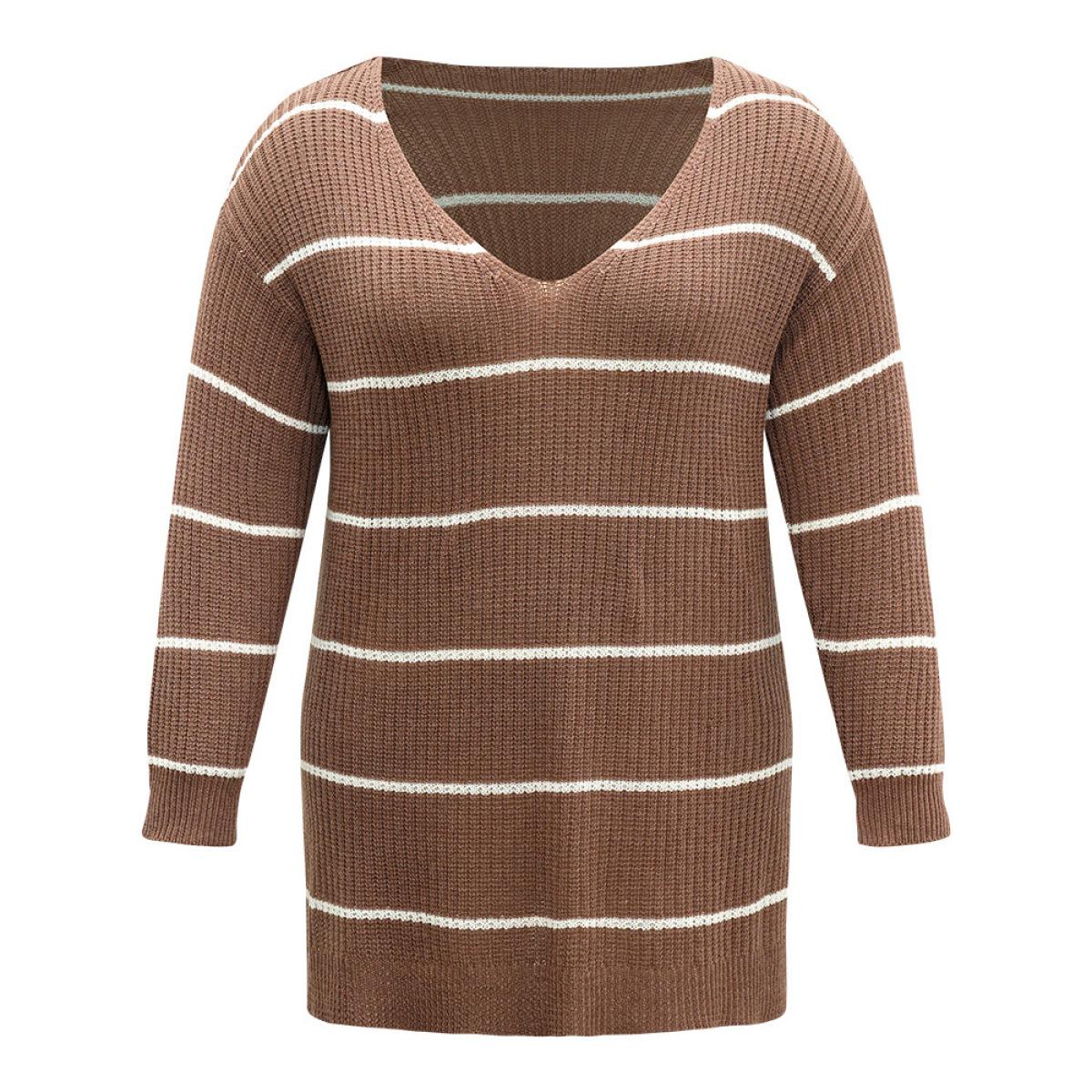 Plus Size Supersoft Essentials Striped V Neck Split Hem Pullover Russet Women Casual Loose Long Sleeve V-neck Dailywear Pullovers BloomChic 14-16/1X Product Image