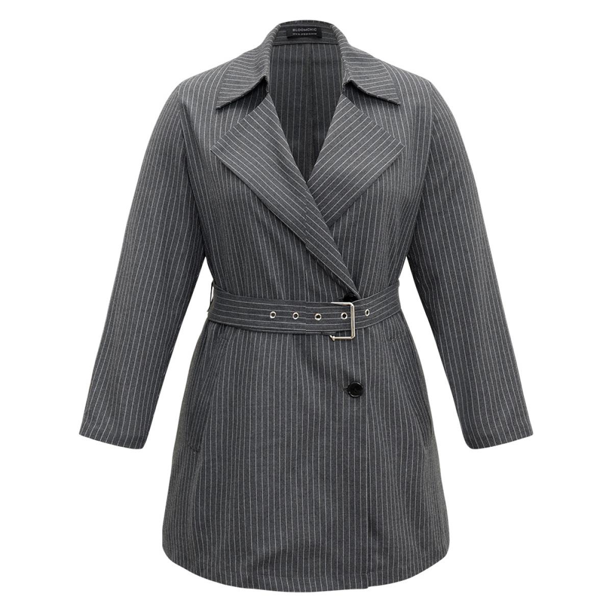 Plus Size Striped Belted Lapel Collar Tunic Coat Women DimGray Casual Belted Ladies Dailywear Winter Coats BloomChic 22-24/3X Product Image