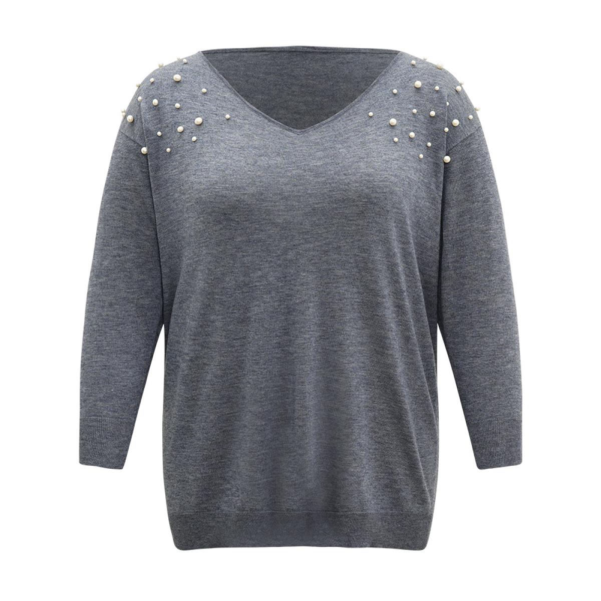 Plus Size Supersoft Essentials Heather Pearl Beaded V Neck Pullover SlateGray Women Casual Loose Long Sleeve V-neck Dailywear Pullovers BloomChic 22-24/3X Product Image