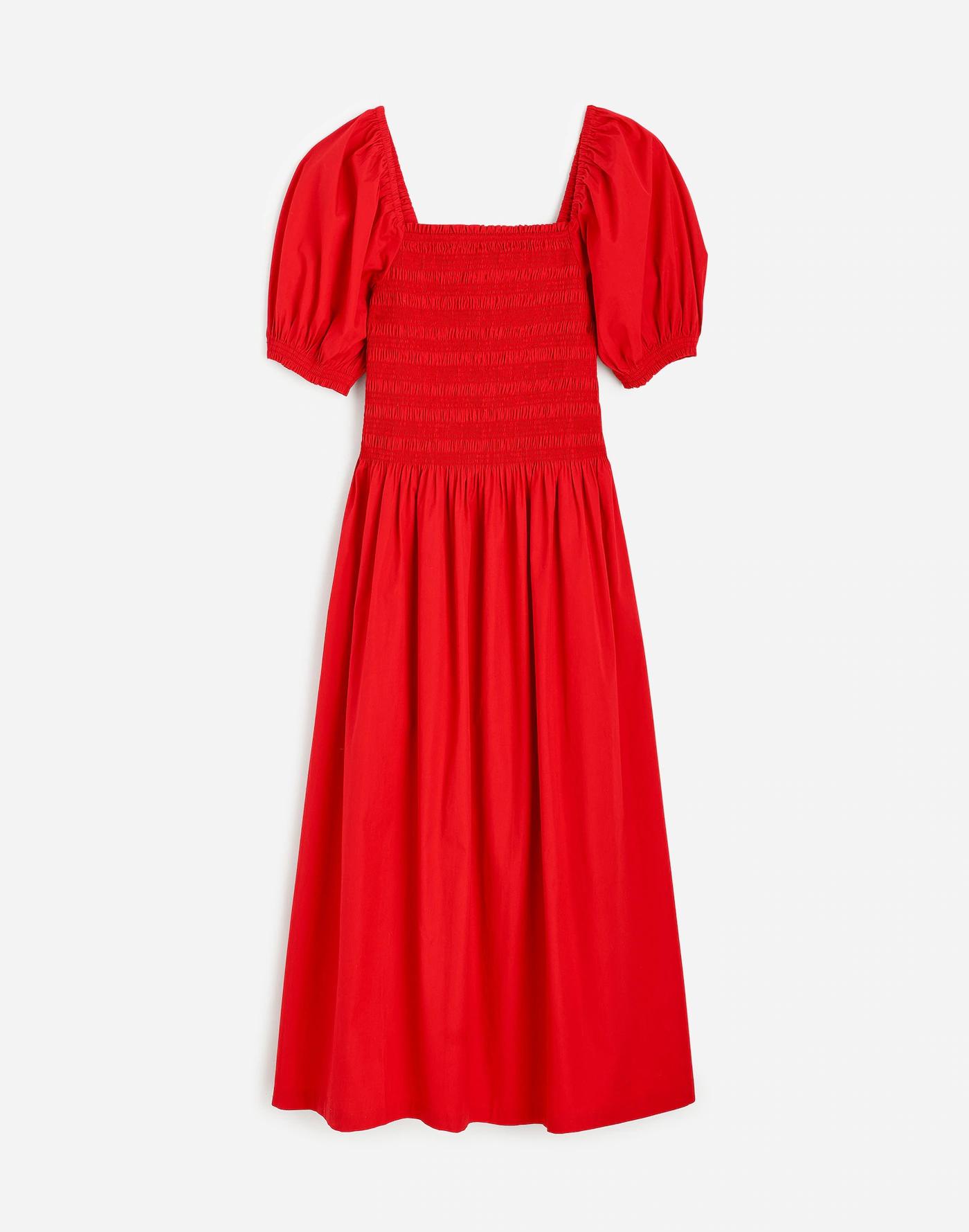 Smocked Puff Sleeve Midi Dress in Poplin Product Image