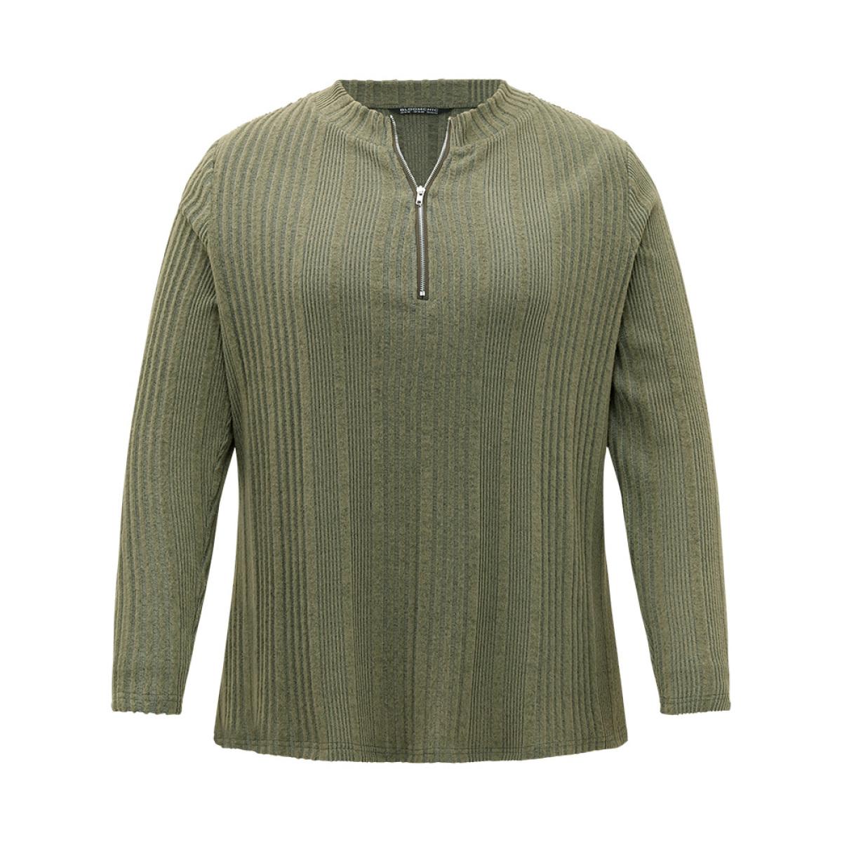 Plus Size Plain Rib Knit Half Zip T-shirt Green Women Casual Texture Plain Open Front Dailywear T-shirts BloomChic 28/5X Product Image