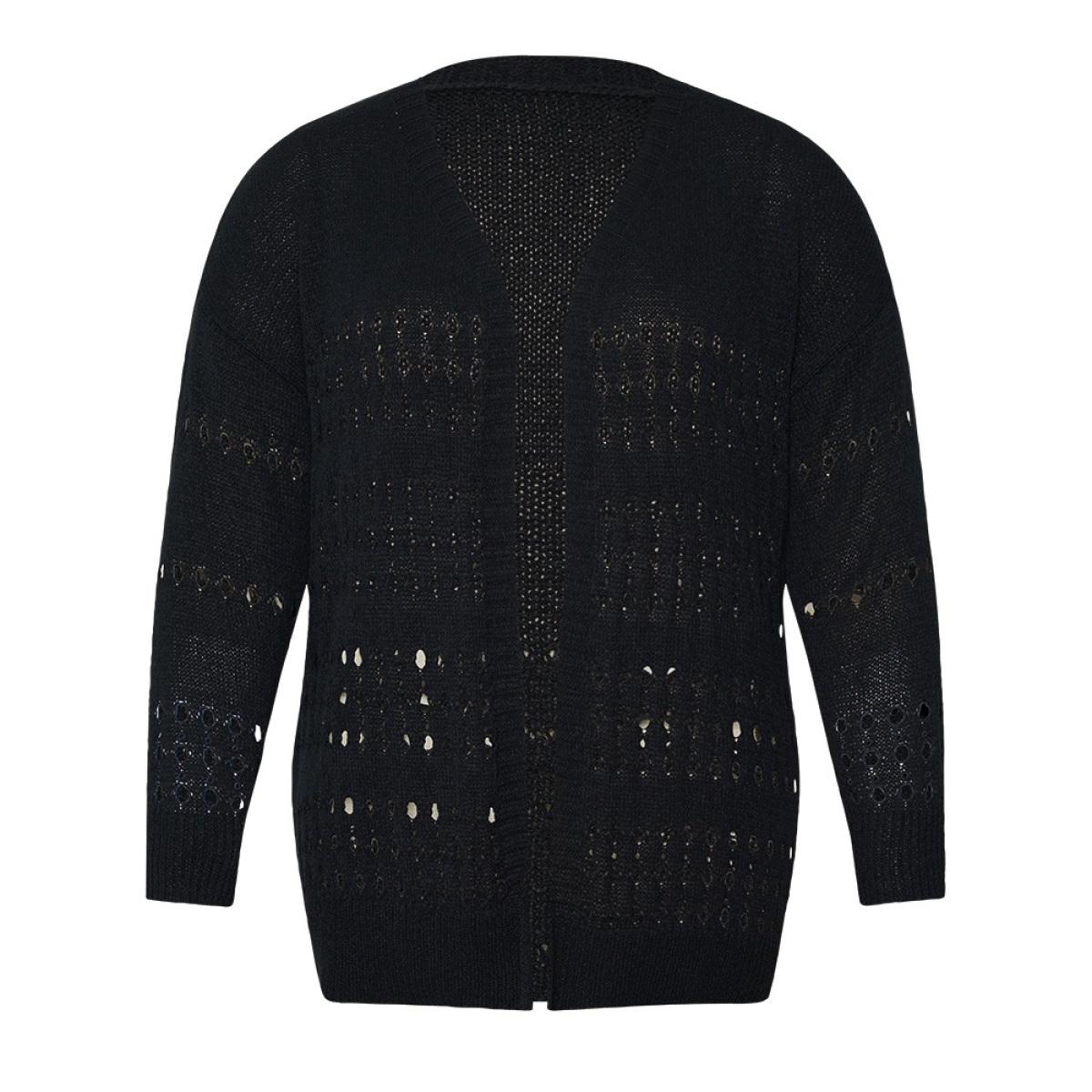 Plus Size Plain Hollow Out Open Front Cardigan Black Women Casual Long Sleeve Dailywear Cardigans BloomChic 10/M Product Image