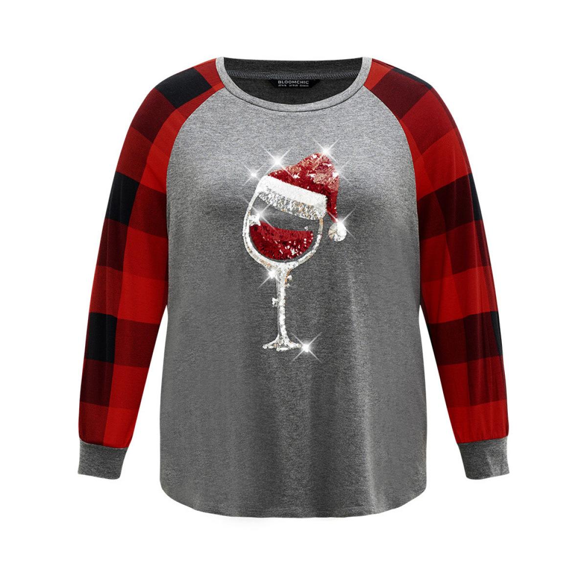 Plus Size Christmas Sequin Plaid Patchwork T-shirt Gray Women Casual Sequin Christmas Festival-Christmas T-shirts BloomChic 10/M Product Image