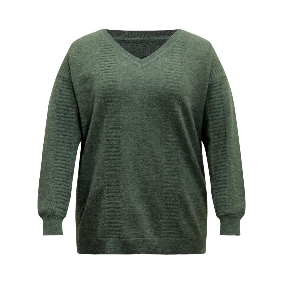 Plus Size Supersoft Essentials Plain Texture V Neck Pullover DarkGreen Women Casual Loose Long Sleeve V-neck Dailywear Pullovers BloomChic 28/5X Product Image