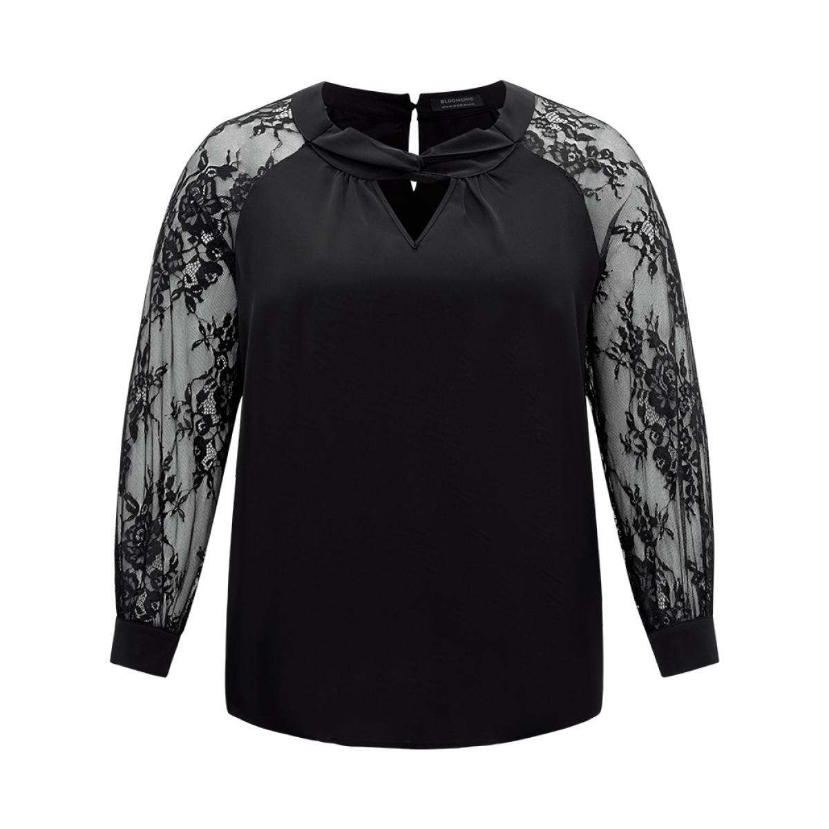 Plus Size Black Anti-Wrinkle Crochet Lace Mesh Keyhole Blouse Women Office Long Sleeve Keyhole Cut-Out Work Blouses BloomChic 28/5X Product Image