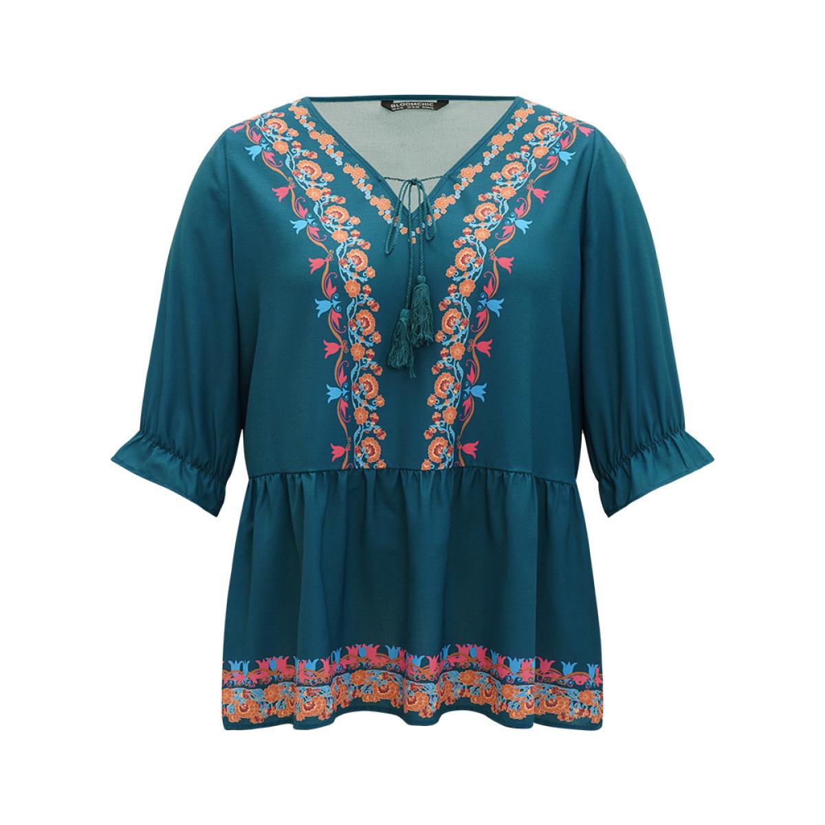 Plus Size Aegean Bandana Print Ties Flutter Trim Gathered Blouse Women Vacation Half Sleeve V-neck Dailywear Blouses BloomChic 28/5X Product Image