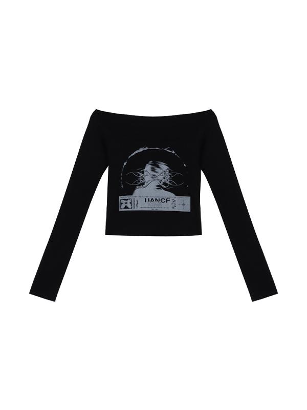 Abstract Print Off Shoulder Long Sleeve Tee Product Image