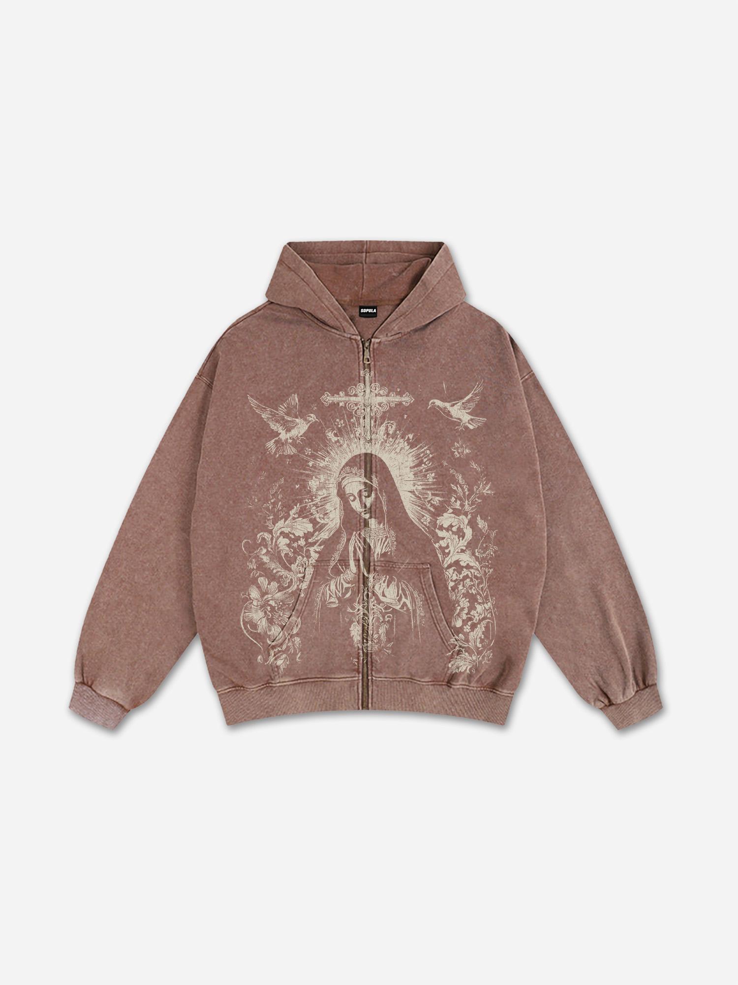 Sopula Virgin Mary Praying Vintage Graphic Washed Oversized Zip Up Hoodie Product Image