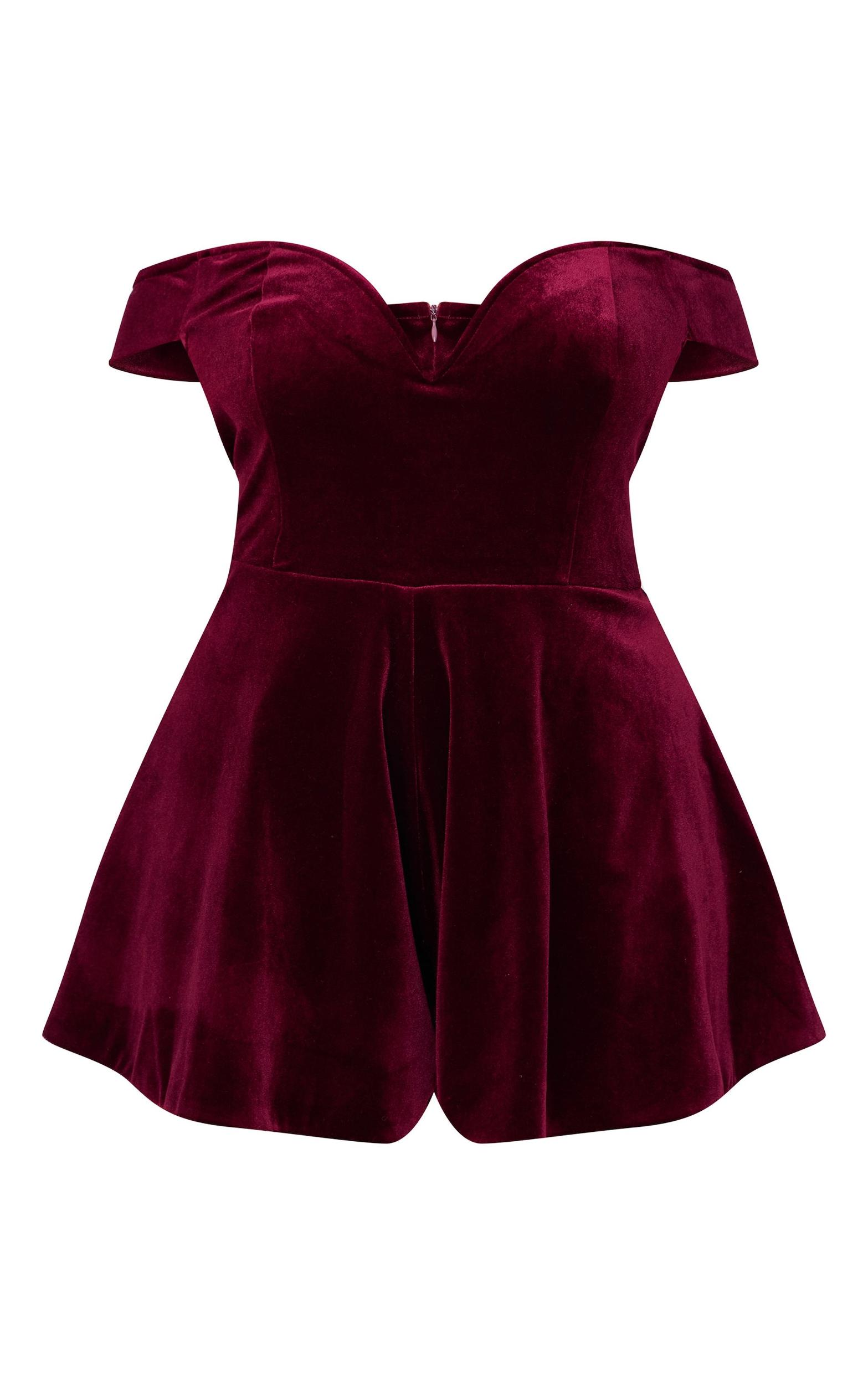 Plus Cherry Red Velvet Bardot Sweetheart Neckline Floaty Romper Product Image