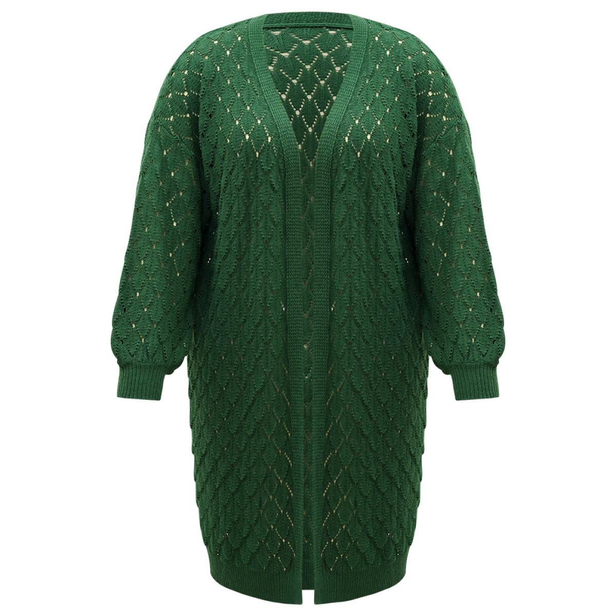 Plus Size Plain Geo Eyelet Drop Shoulder Maxi Cardigan Emerald Women Casual Loose Long Sleeve Dailywear Cardigans BloomChic 30/6X Product Image