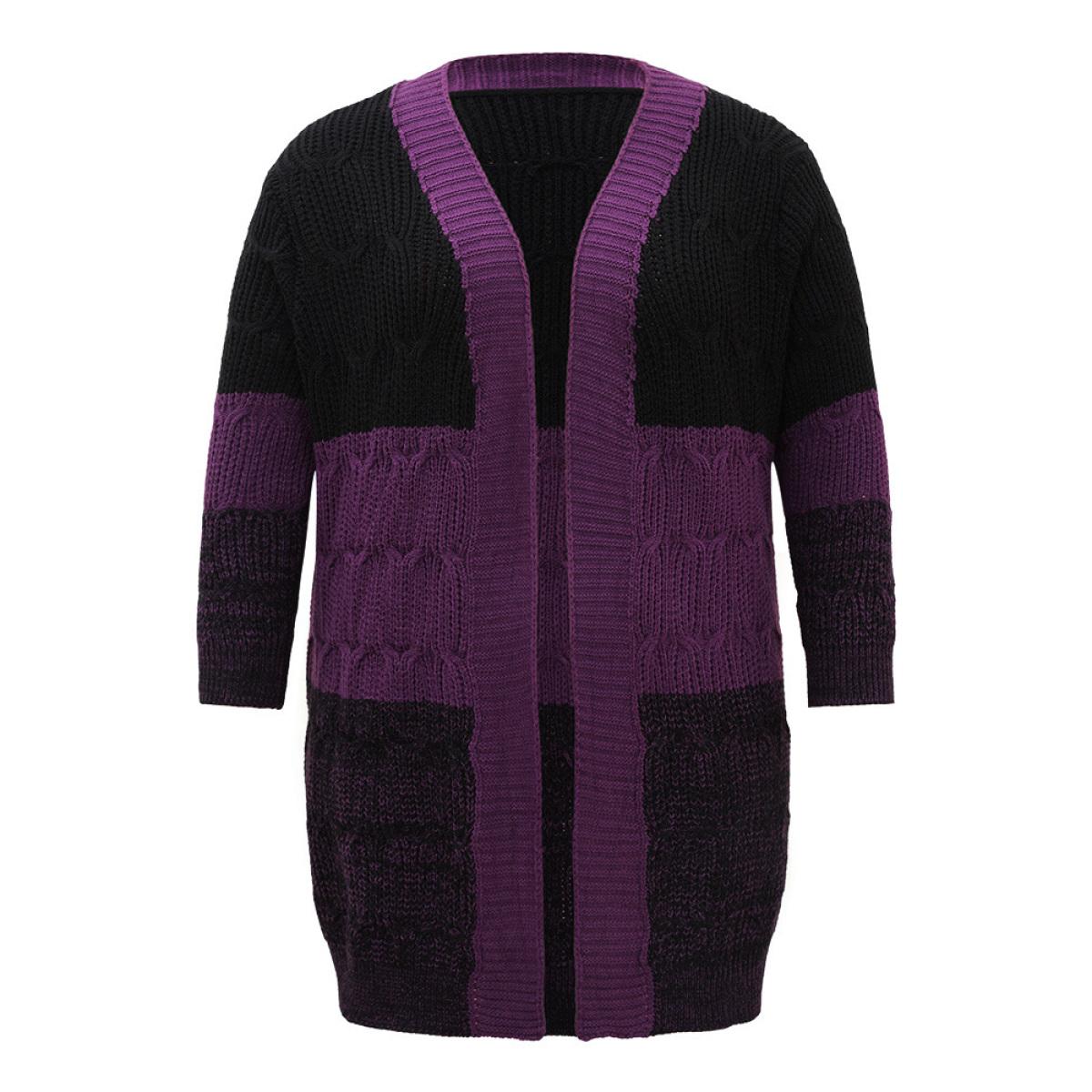 Plus Size Colorblock Heather Open Front Tunic Cardigan Purple Women Casual Loose Long Sleeve Dailywear Cardigans BloomChic 10/M Product Image