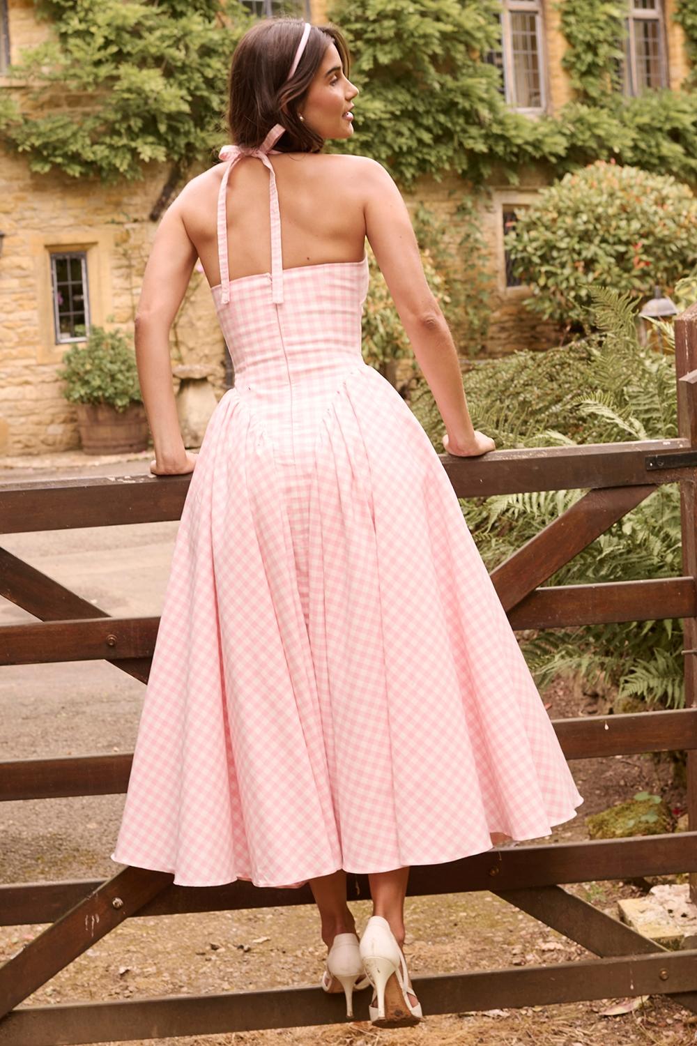 Marilyn  strawberry shortcake gingham halter midi sundress Product Image