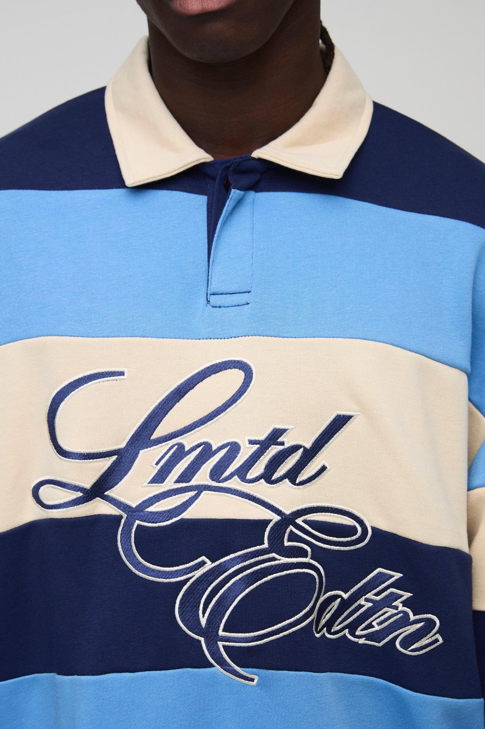 Oversized Stripe Embroidered Rugby Polo | boohooMAN USA Product Image