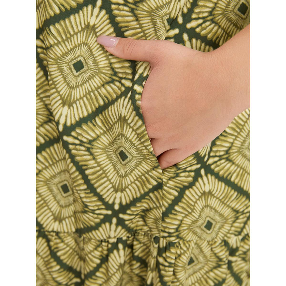 Plus Size Geometric Print Pocket Tank V Neck Dress Moss Women Vacation Printed V-neck Sleeveless Curvy Midi Dress BloomChic 14-16/1X Product Image