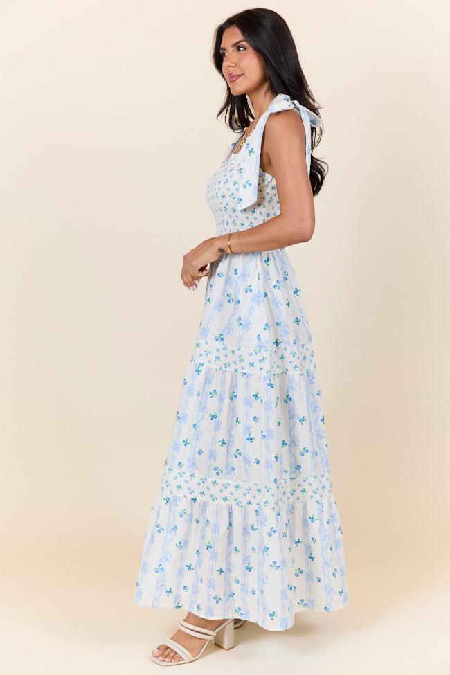 In The Meadows Ivory and Blue Smocked Print Midi Dress FINAL SALE Product Image