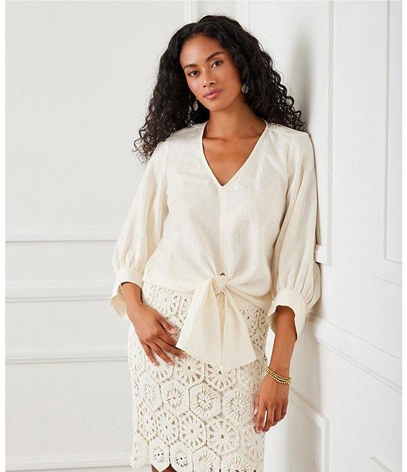Karen Kane Linen 3/4 Sleeve V-Neck Tie Front Blouse Product Image
