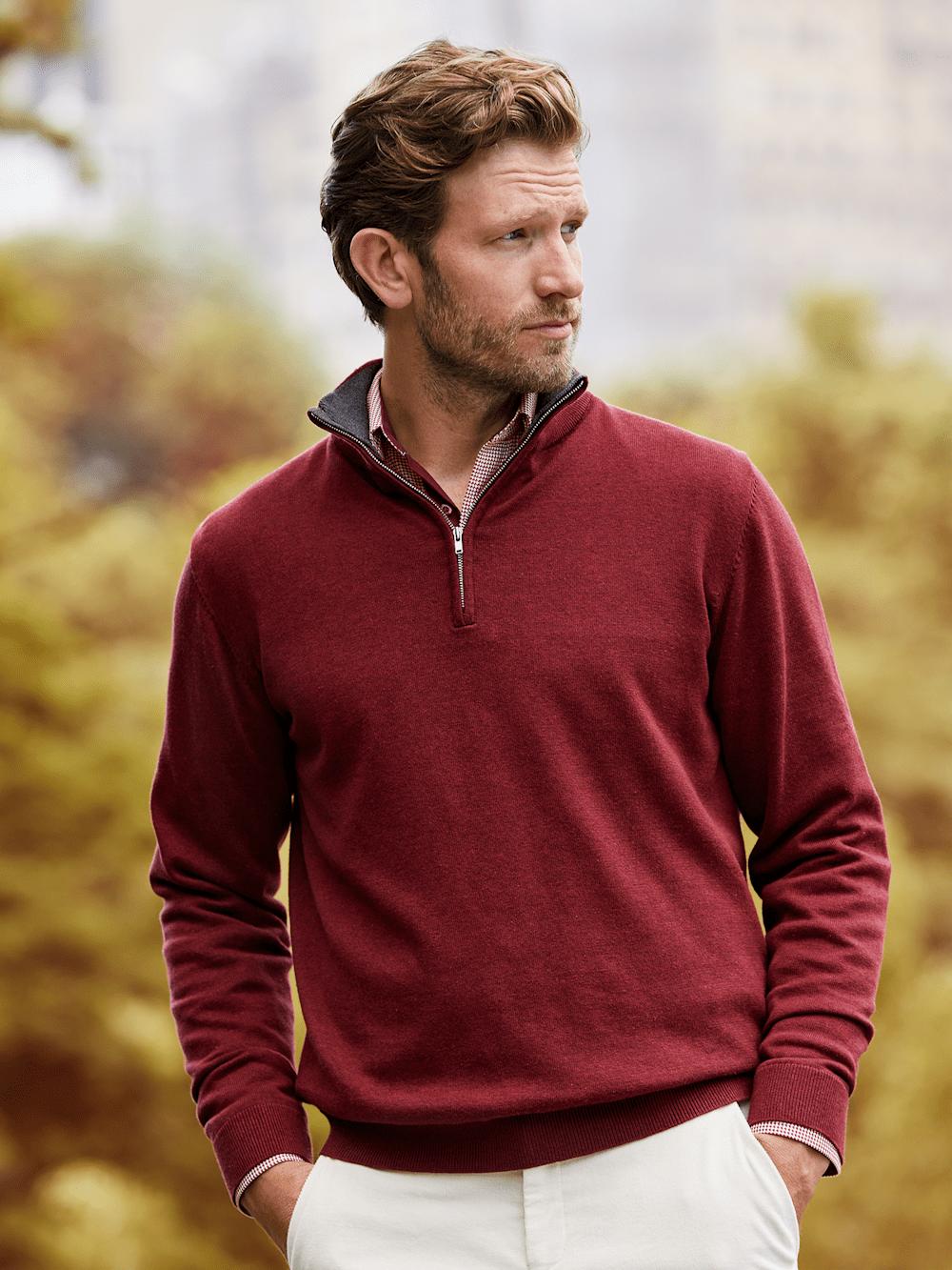 Supima Cotton Quarter Zip Mock Neck Sweater - Burgundy Product Image