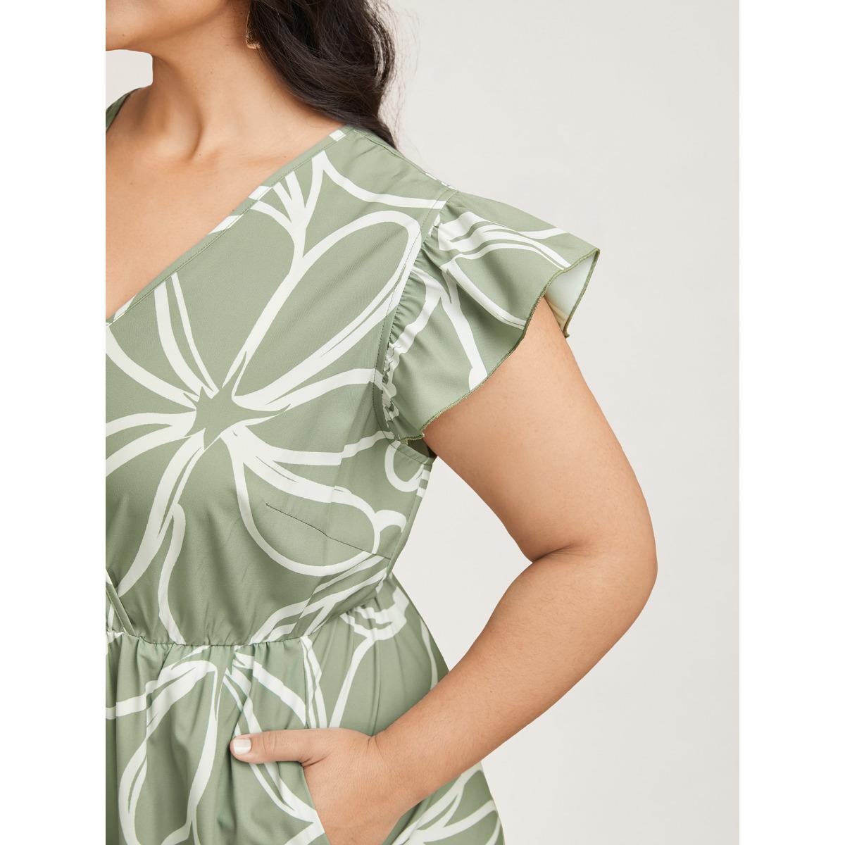Plus Size Abstract Floral Print Ruffled Sleeve Maxi Dress Sage Women Elegant Ruffles Overlap Collar Cap Sleeve Curvy BloomChic 22-24/3X Product Image