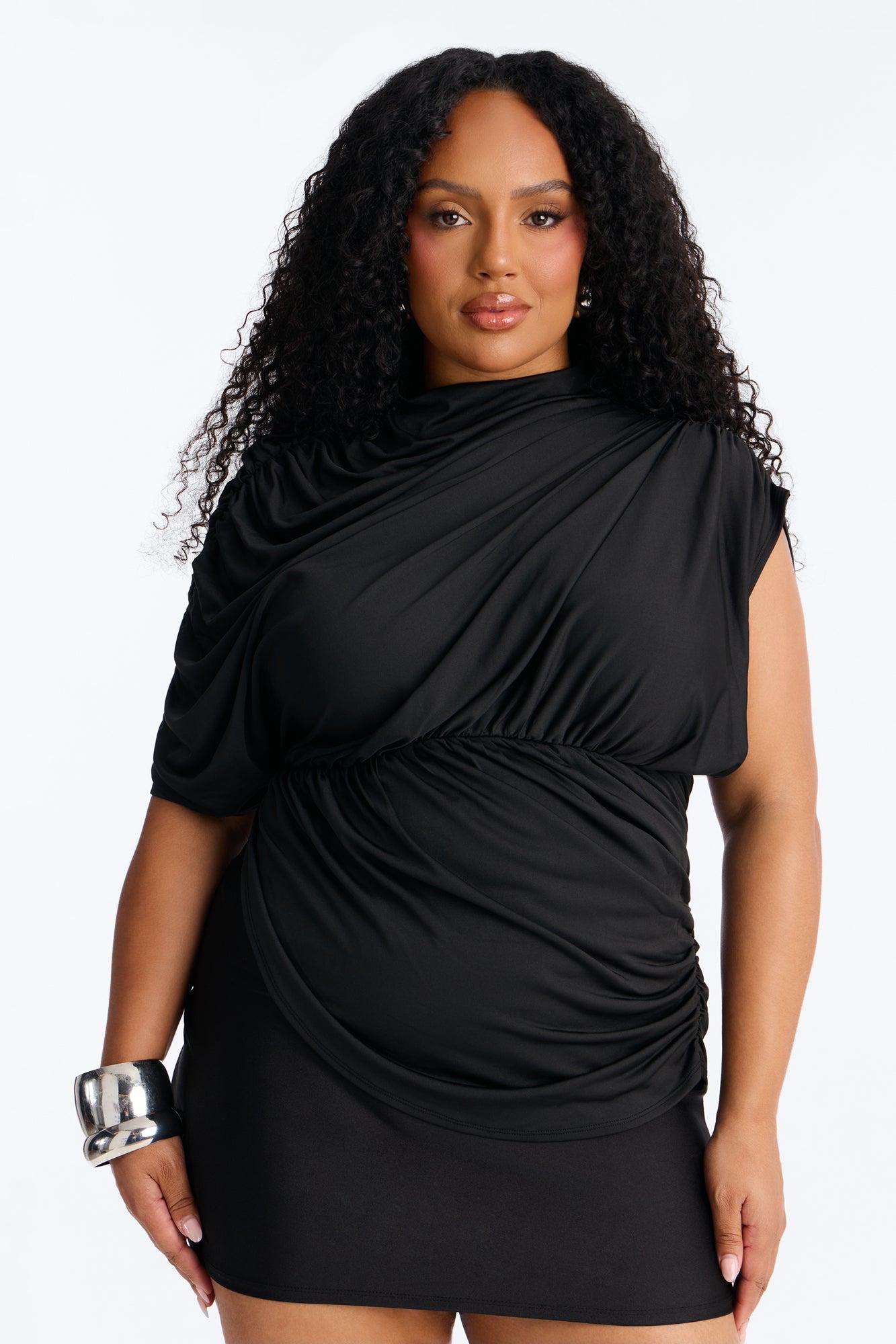 Madalyn Mock Neck Ruched Short Sleeve Top - Black Female Product Image
