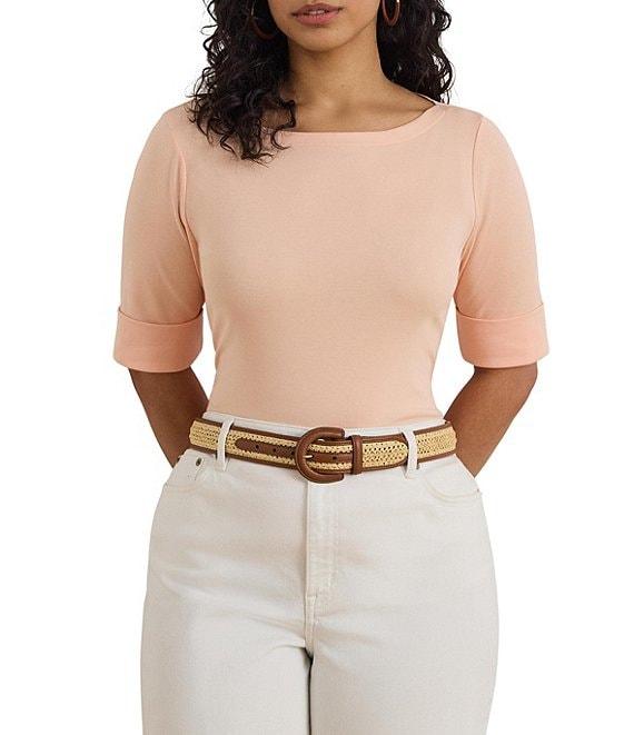 Lauren Ralph Lauren Plus Size Stretch Cotton Knit Boat Neck Elbow Sleeve Tee Product Image