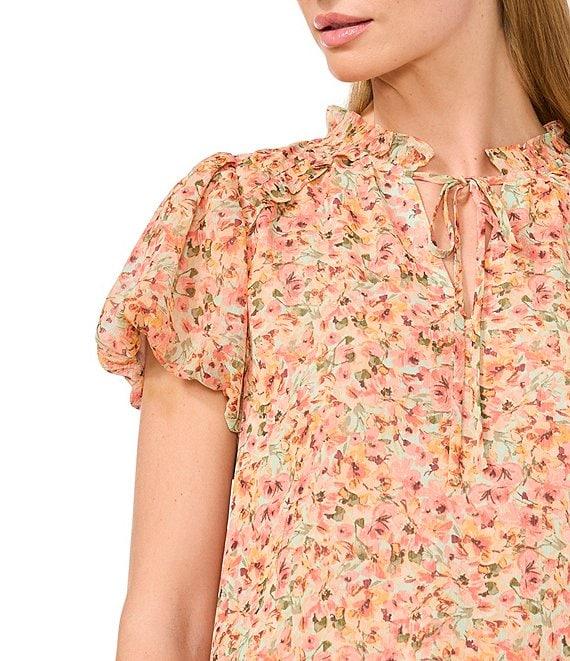 CeCe Woven Floral Print Split Round Neck Short Sleeve Tie Front Blouse Product Image