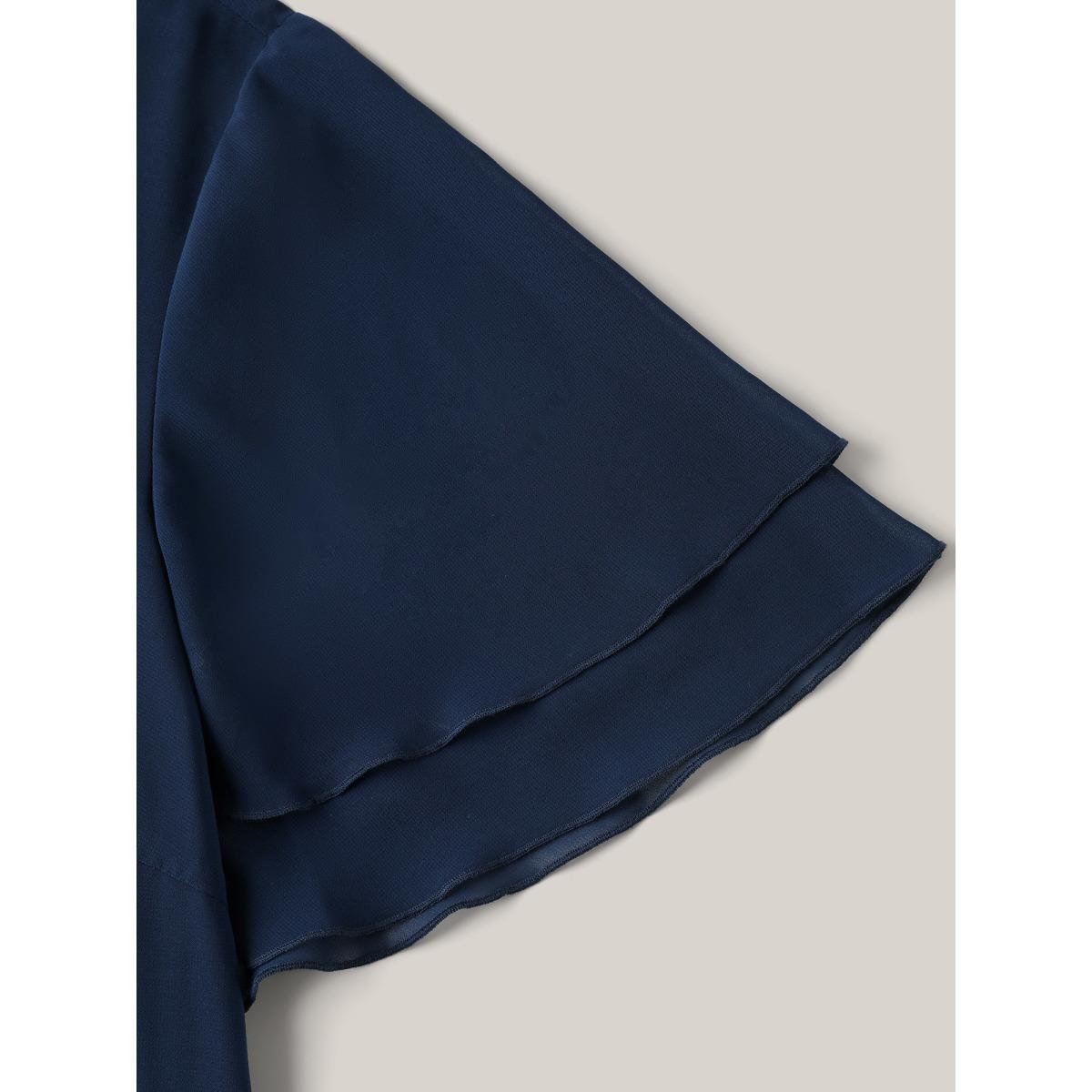 Plus Size Indigo Chiffon Layered Sleeve Solid Blouse Women At the Office Short sleeve V-neck Work Blouses BloomChic 26/4X Product Image