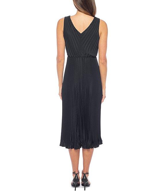 Marina Charmeuse V-Neck Sleeveless Pleated A-Line Midi Dress Product Image