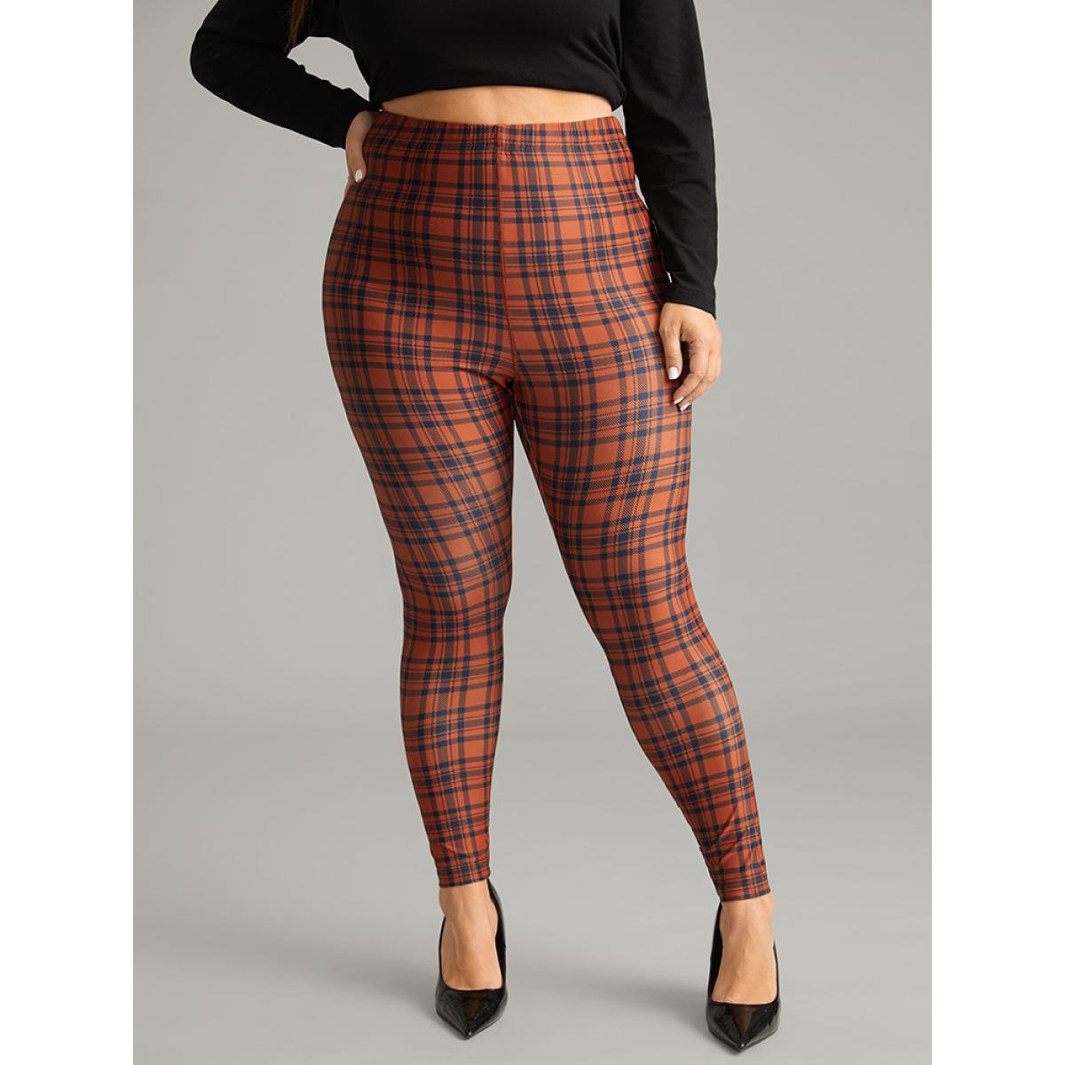 Plus Size Plaid Skinny Elastic Waist Leggings Women Chocolate Elegant High stretch Skinny High Rise Dailywear Leggings BloomChic 30/6X Product Image