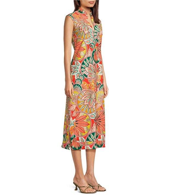 Jude Connally Kristen Stained Glass Print Jude Cloth Stretch Knit Wrinkle-Free Split V-Neck Sleeveless A-Line Midi Dress Product Image