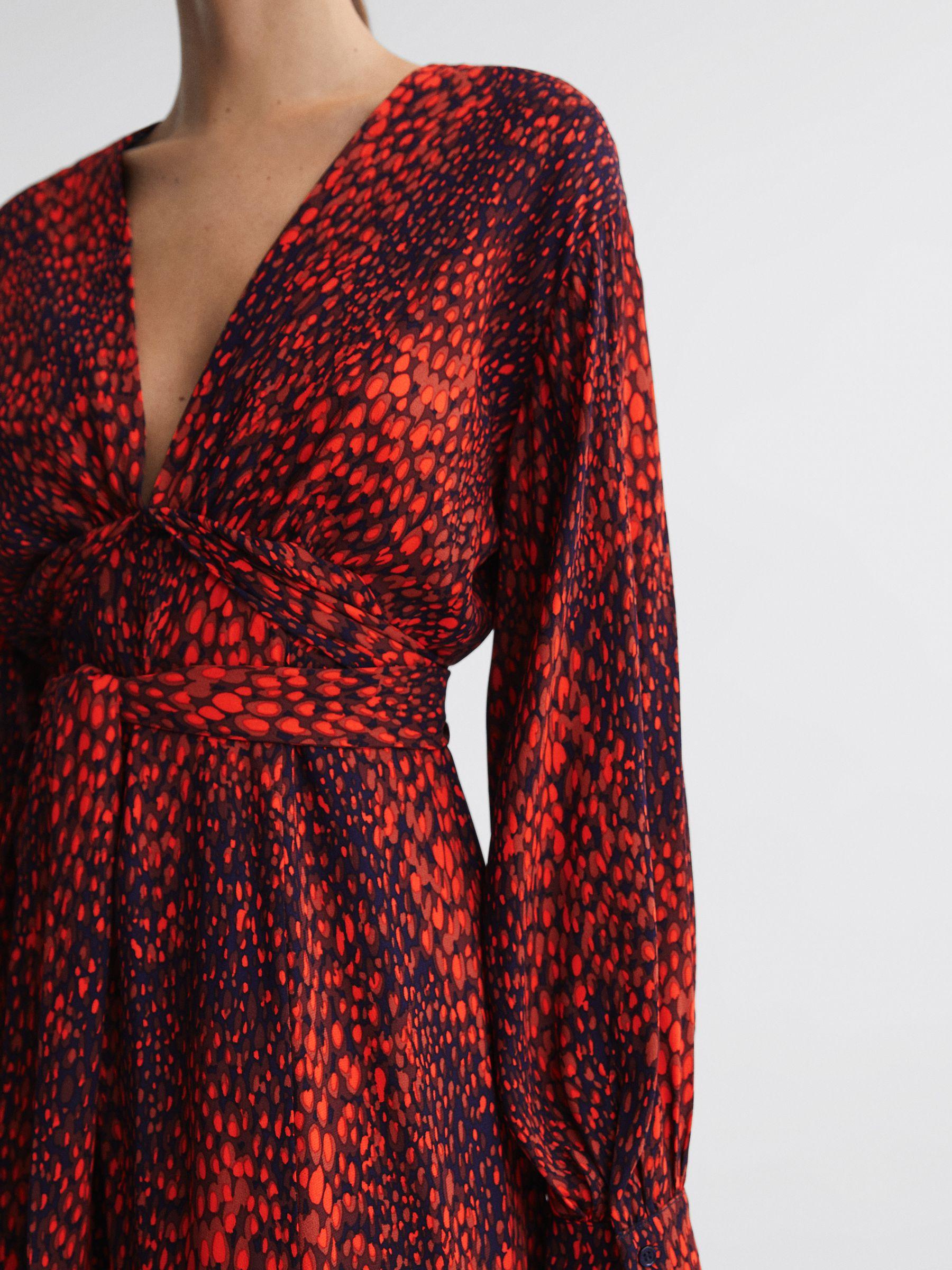Animal Print Blouson Sleeve Midi Dress in Red Product Image