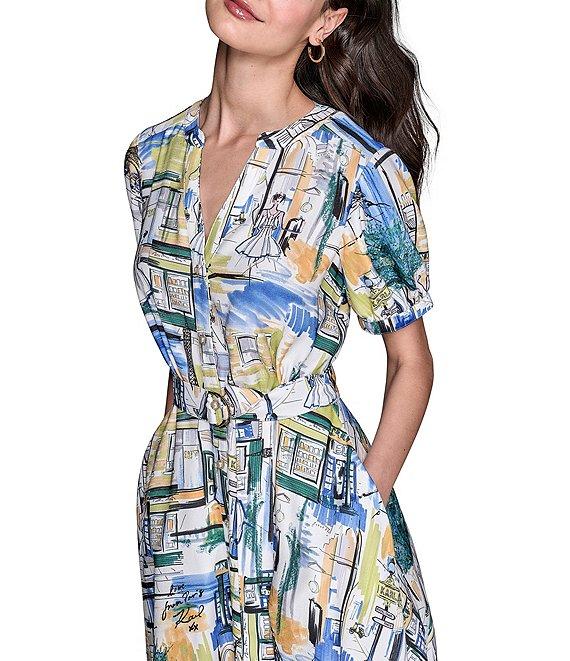 KARL LAGERFELD PARIS Handkerchief Hem Split V-Neckline Short Sleeve Button Front Shirt Midi Dress Product Image