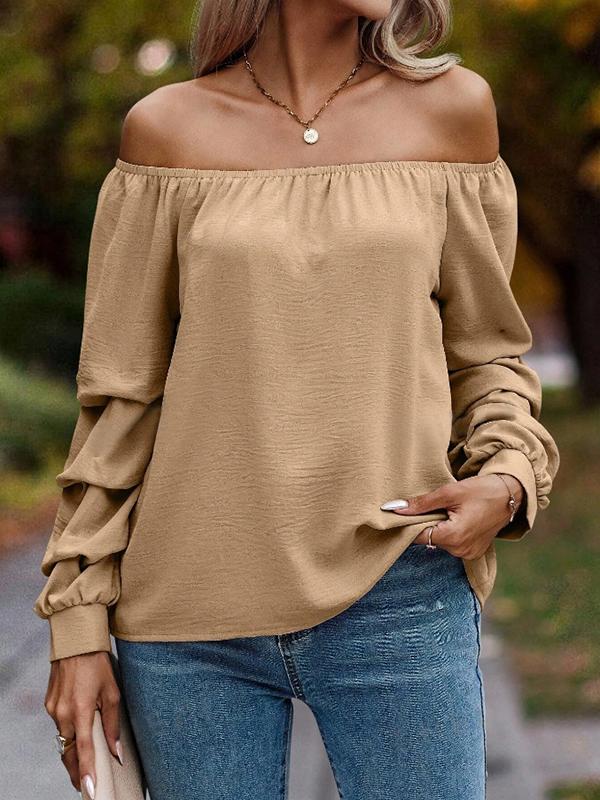 Long Sleeves Loose Elasticity Pleated Solid Color Off-The-Shoulder Blouses&Shirts Tops Product Image