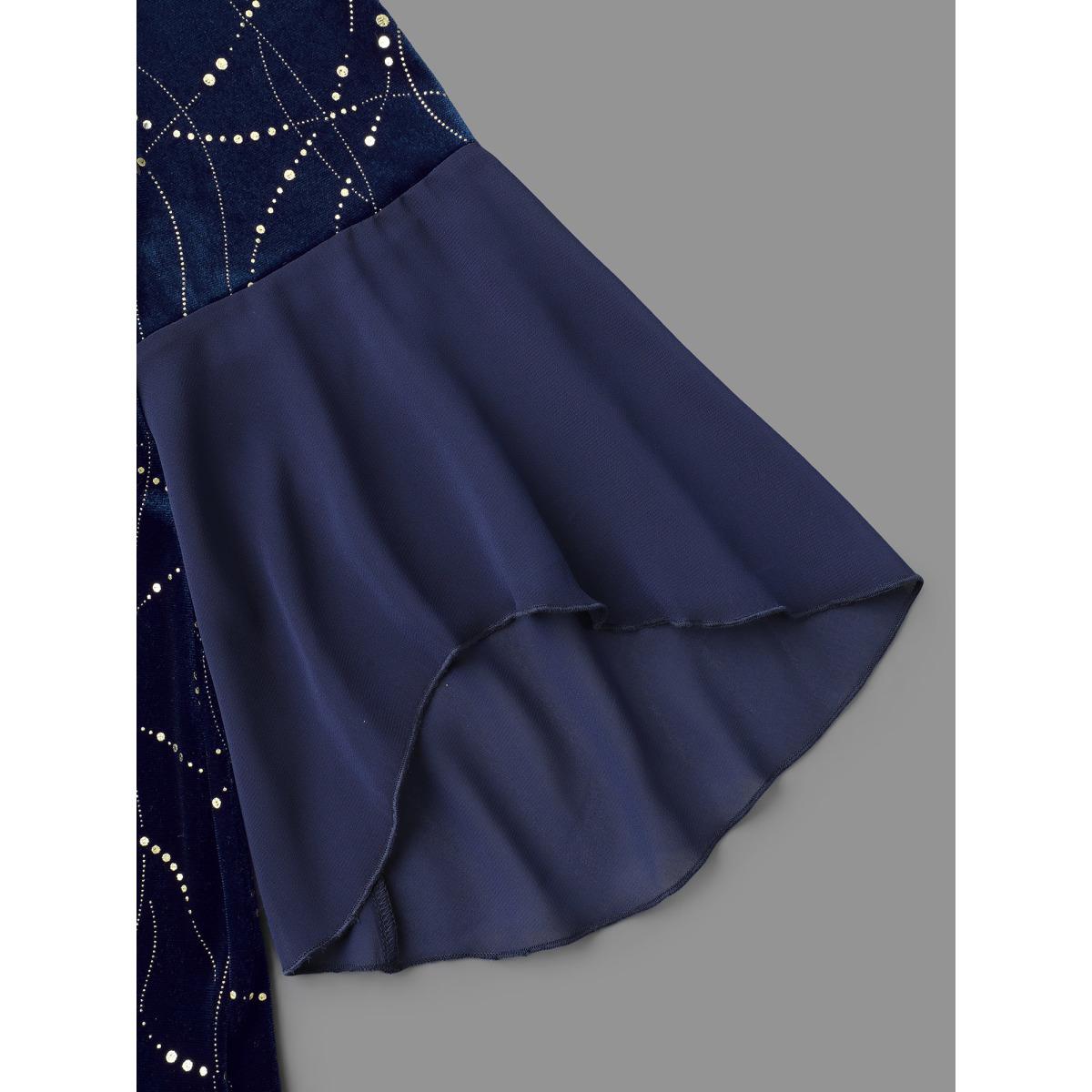 Plus Size Indigo Velvet Glitter Mesh Bell Sleeve Patchwork Blouse Women Cocktail Elbow-length sleeve Round Neck Party Blouses BloomChic 12/L Product Image