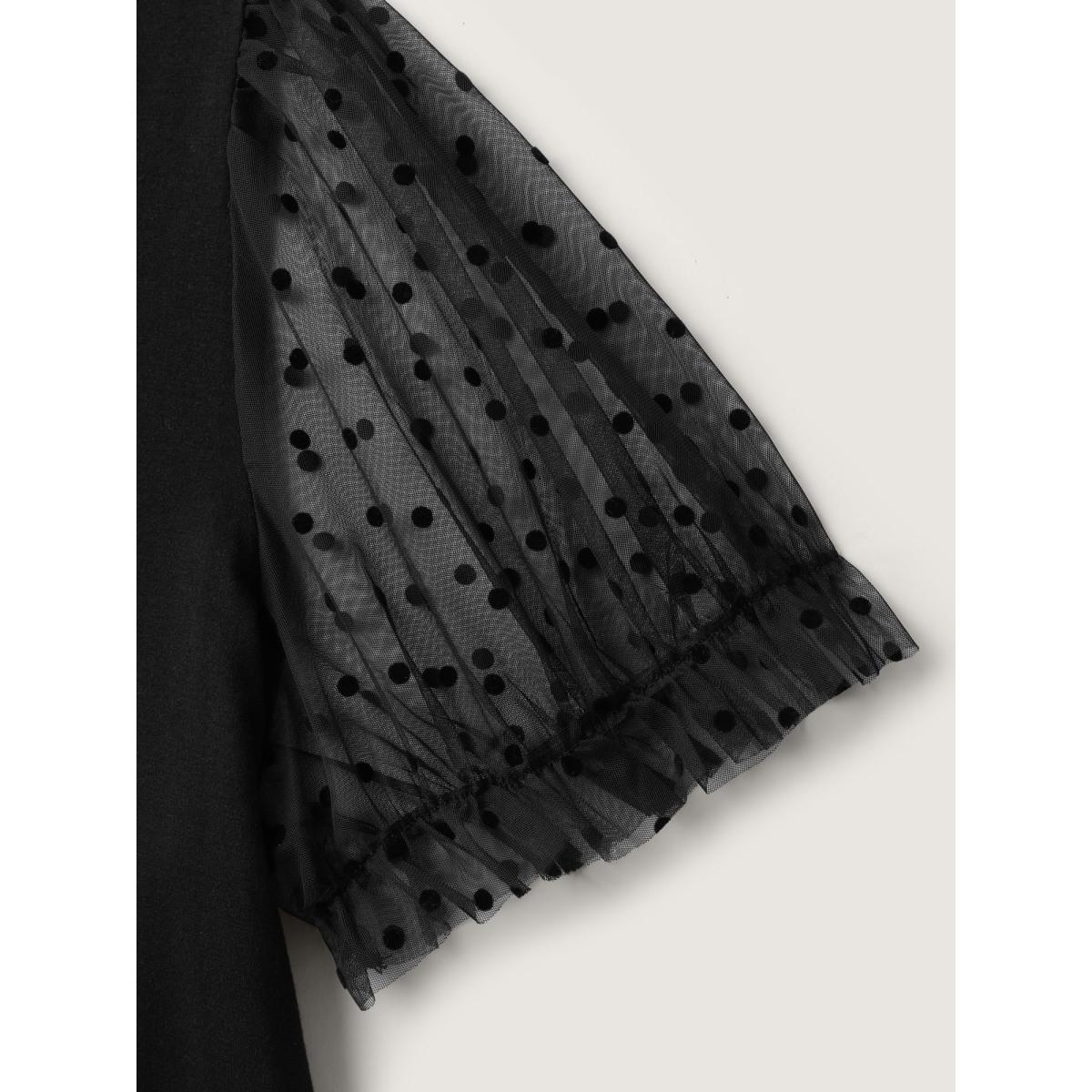 Plus Size Stretchy Sheer Textured Sleeve Solid T-Shirt Black Women Romantic See through Asymmetrical Neck Bodycon Elegant T-shirts BloomChic 28/5X Product Image