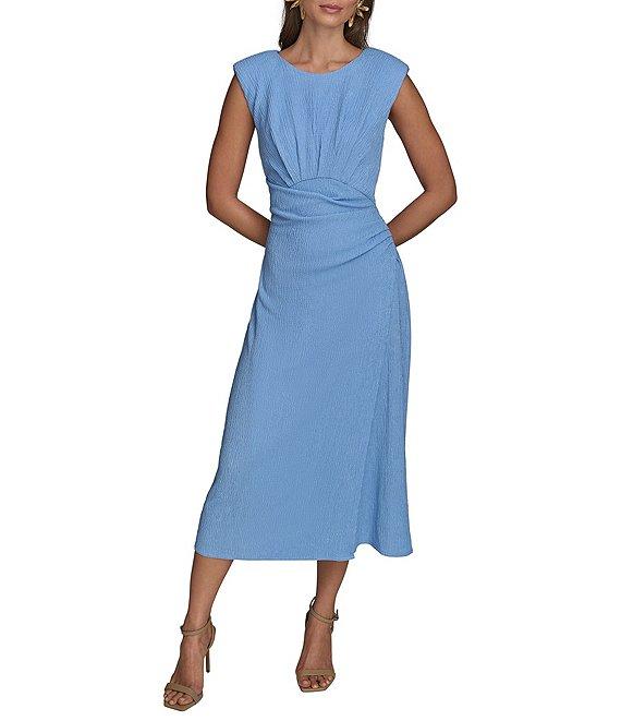 Donna Karan Crew Neck Sleeveless Ruched Midi Dress Product Image