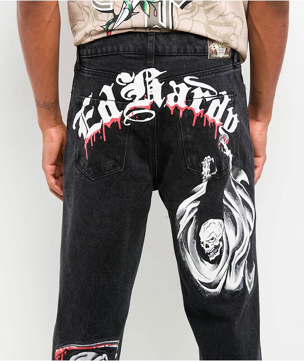 Ed Hardy x Broken Promises Death Shadow Black Loose Fit Jeans Product Image