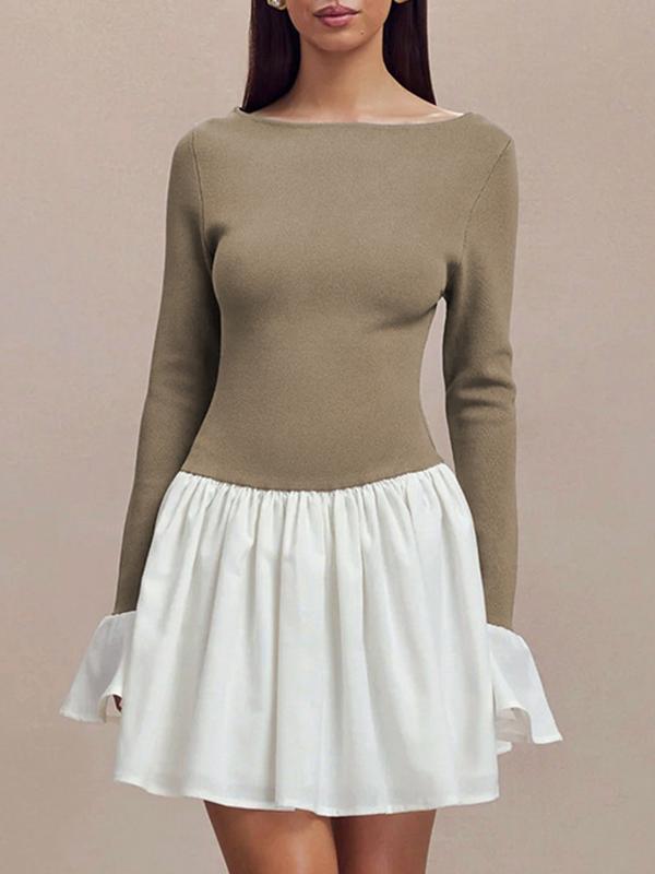 A-Line Flared Sleeves Contrast Color Pleated Split-Joint Round-Neck Mini Dresses Product Image