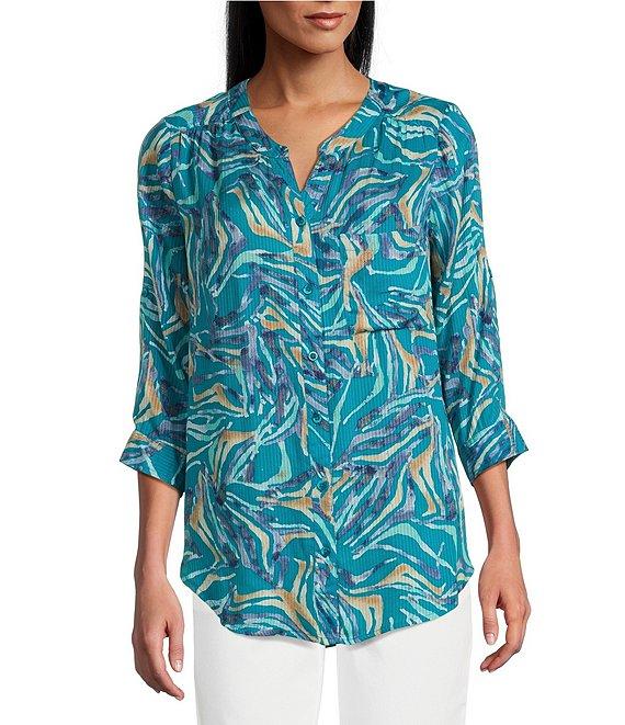 Intro Woven Mosaic Blue Split V-Neck 3/4 Roll-Tab Sleeve Button Front Shirt Product Image