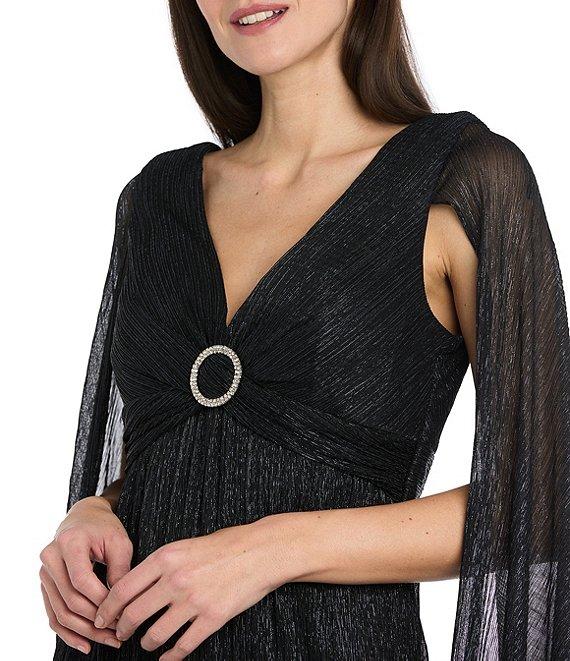 R & M Richards Crinkle Metallic Cape Sleeve Rhinestone Detail V-Neck Empire Waist Gown Product Image