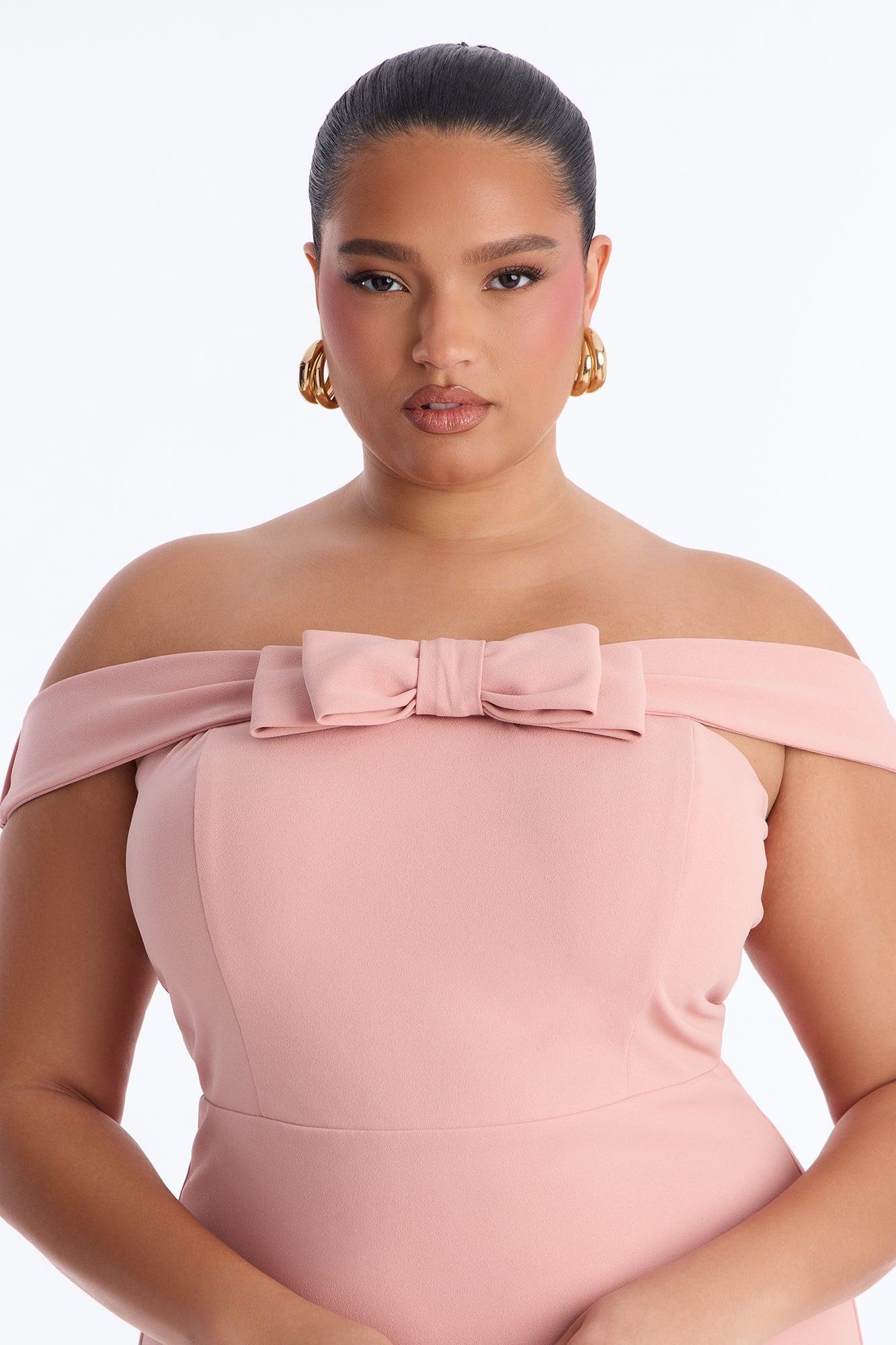 Anabella Off Shoulder Bow Midi Dress - Pink Female Product Image