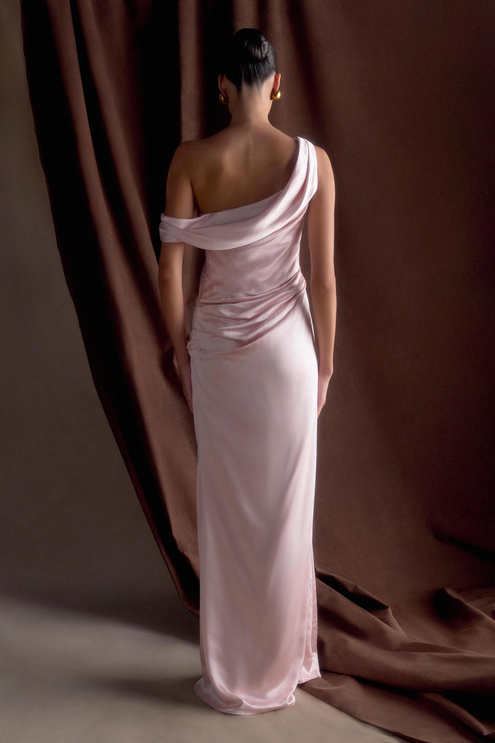 Dalia Off Shoulder Satin Maxi Dress - Soft Pink Product Image