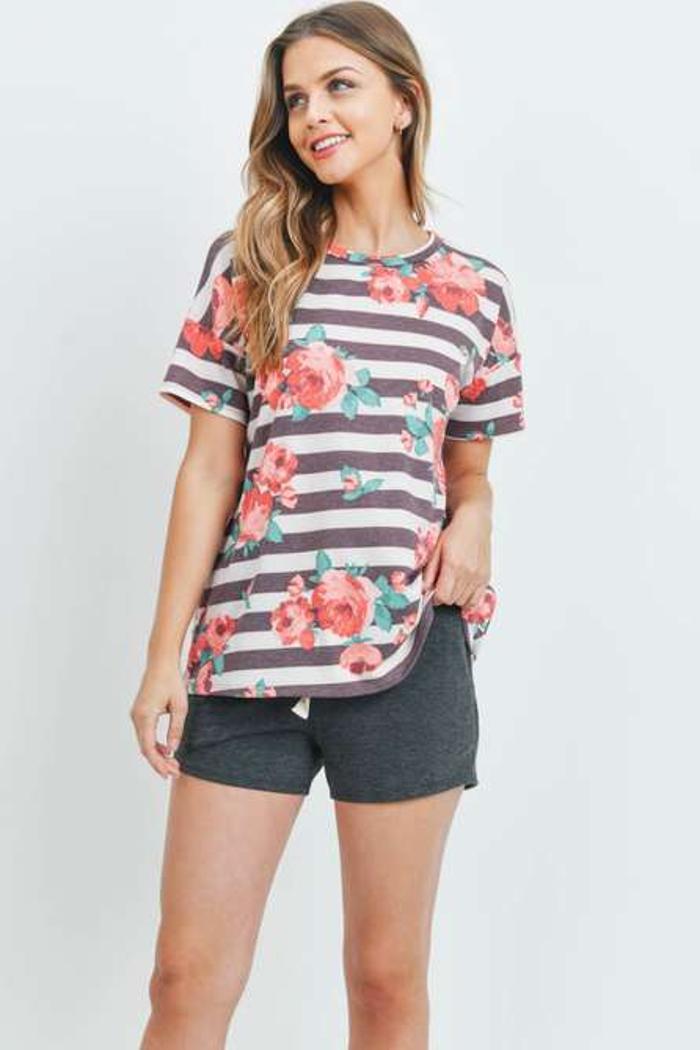 Short Sleeved Striped Floral Tee Product Image