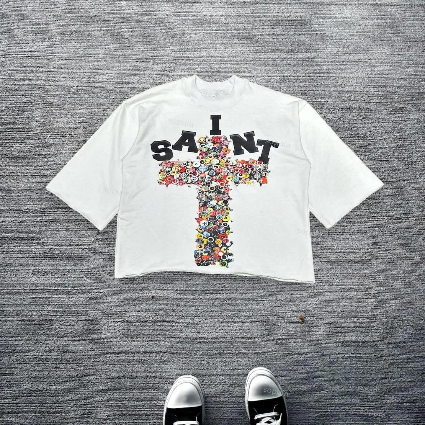 Vintage Saint Cross Art Graphic Cotton T-Shirt Product Image